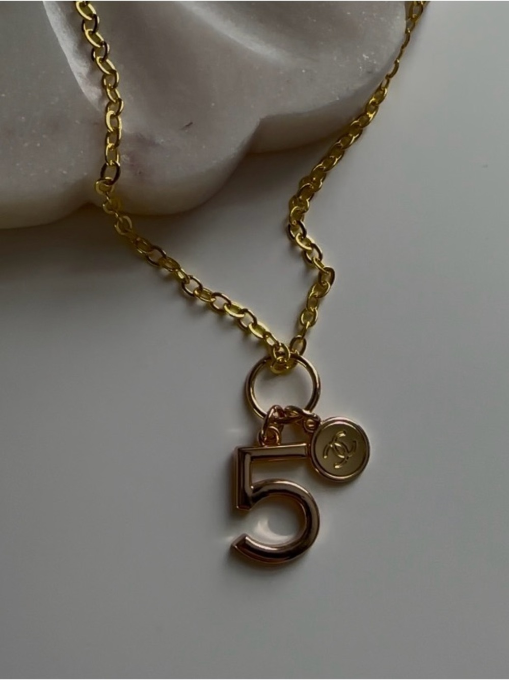 Chanel CC Gold Number 5 Charm Necklace - Designer Upcycled